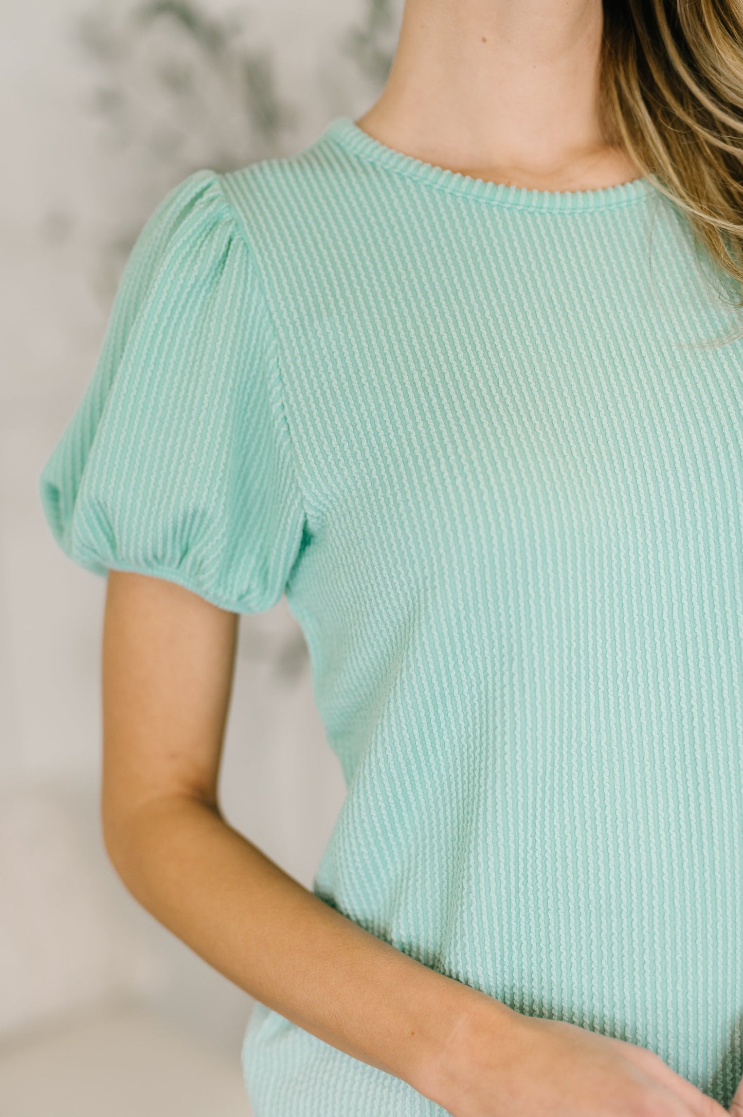 Grace & Virtue Balloon Sleeve Blouse in Mint